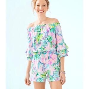 NWT LILLY PULITZER Romper M Pink Lime-Green”Calla”Off/On-Shoulder Ruffle Flounce